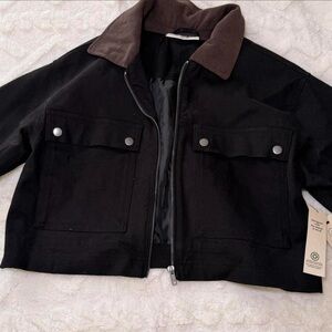 No Boundaries Black Cropped Jacket with Brown Corduroy Collar